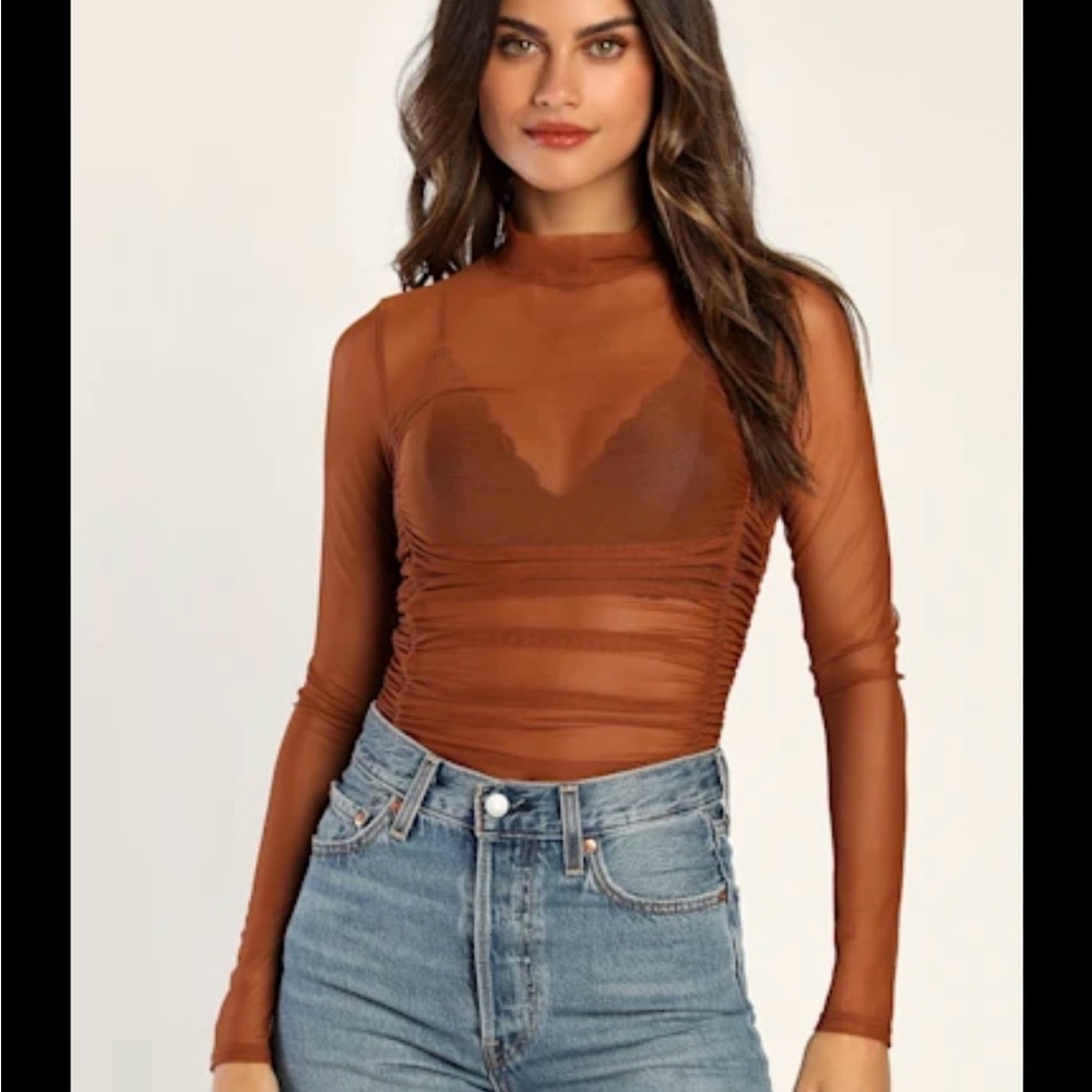Lulu's Rust Sheer Long Sleeve Bodysuit